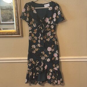 Charles Henry deep green and pink flowery Ruffled Midi Dress